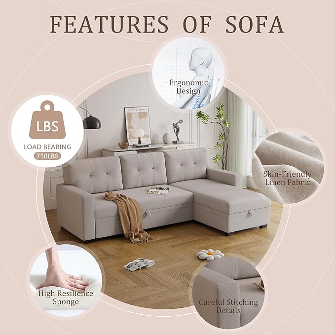 Ball &amp Cast Convertible Sectional Sleeper Sofa Bed L Shaped 4 in 1 Pull Out Couch with Reversible Storage Chaise &amp Removable Back CushionsSleeper Corner Pull Out Sofa Bed Couch for Living Roo