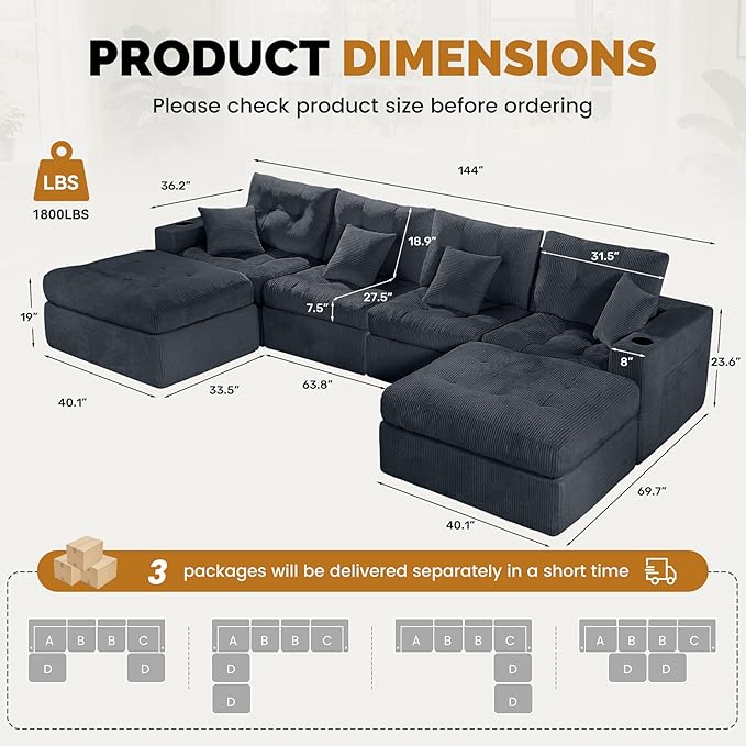 143 Modular Sectional Sofa for Living Room Convertible U-Shape Couch with OttomanCloud Boneless Couch with Layered CushionGary Corduroy