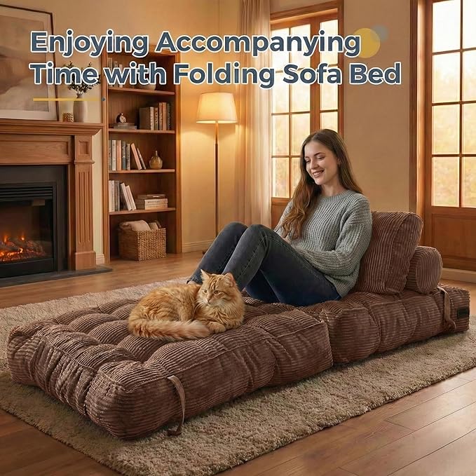 Folding Sofa Bed Convertible Sleeper Chair with Pillow Foldable Mattress with Back Support Portable Fold Out Chair Bed Comfy Floor Sofa Lounge for Living Room Bedroom Single (Coffee)