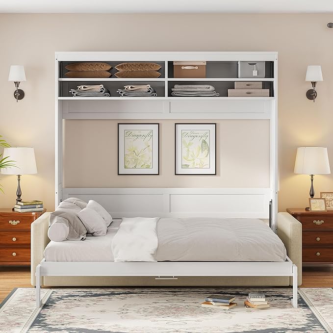 Linique Queen Size Murphy Bed with Sofa and Top Shelf Horizontal Wall Bed Versatile Convertible Wooden Bed Frame White 93.3x86.2