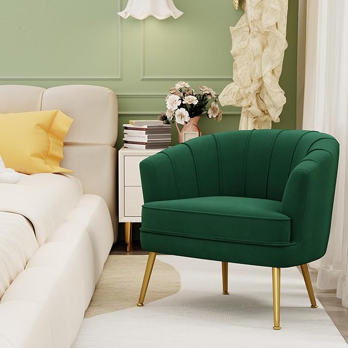 Velvet Accent Chairs for Living Room Bedroom Office - Upholstered Single Sofa Arm Chair with Metal Legs Green