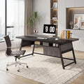 63-inch Executive Desk with Storage Shelf Large Home Office Desk with Metal Frame &amp LED Light Long Computer Desks for Home Office Gray and Black
