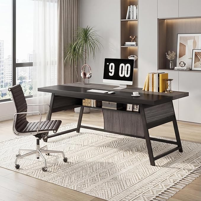 63-inch Executive Desk with Storage Shelf Large Home Office Desk with Metal Frame &amp LED Light Long Computer Desks for Home Office Gray and Black