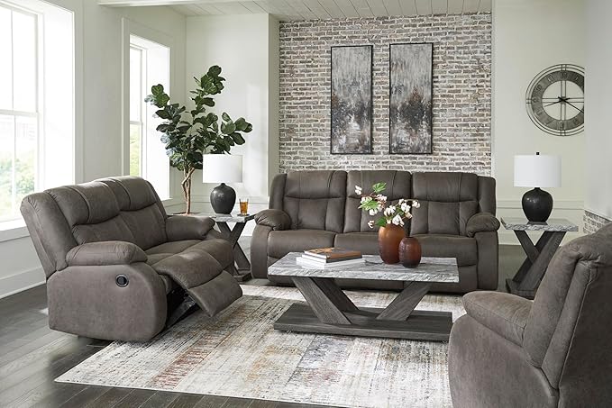 Signature Design by Ashley First Base Contemporary Faux Leather Manual Reclining Sofa Gray