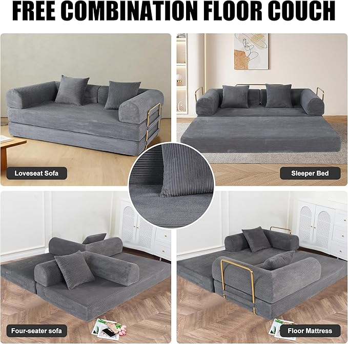 Foldable Sofa Bed 75 Inch Boneless Couch Convertible Memory Foam Sleeper Sofabed Floor Mattress with 2 Pillows Microfiber Cloud Sofa for Living Room Apartment No Assembly (Grey)