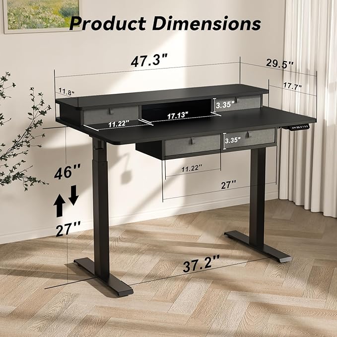 FiCiHi Adjustable Height Standing Desk with 4 Drawers48 x 30 inches Electric Sit Stand Home Office Desk with Two Tiers 3 Memory Presets Monitor Stand Riser USB A/C Charging Port
