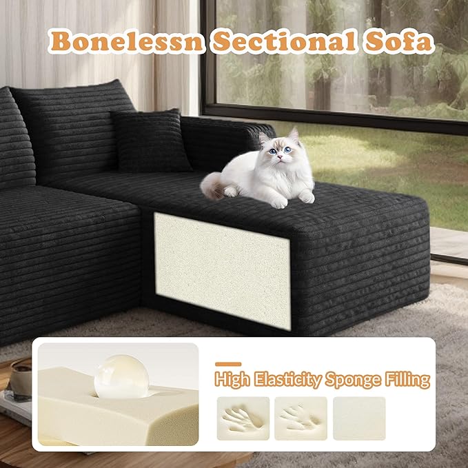 94 Corduroy Upholstered Boneless Couches with Chaise/2 Ottoman Oversized Modular Sectional Sofa with Deep Seat Cloud Sectional Fluffy Couches for Living Room No Assembly Required (Black) | Removab