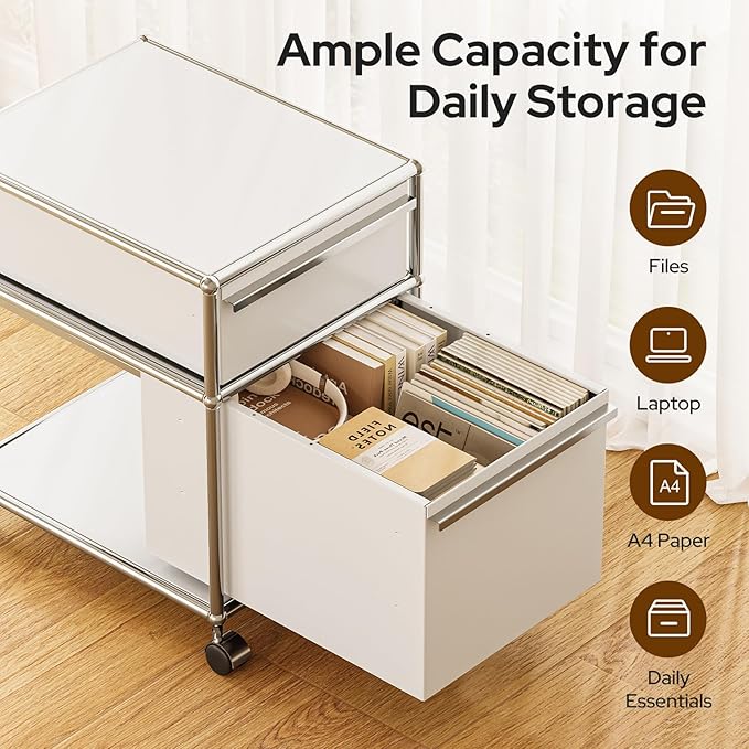 Steel Mobile File Cabinet for Office &amp Home with 360° Silent Wheels Smooth Drawer Slides Large Capacity Waterproof and Rust-Proof Stylish &amp Durable Storage Cabinet (2 Drawer White)