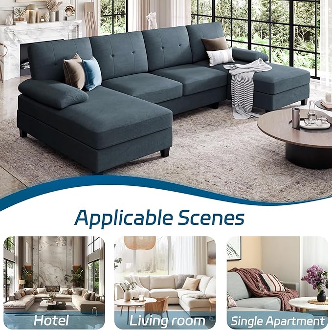 SUNLEI Sectional Couches for Living Room U Shaped Sectional Sofa Couch with 50.4 D Double Chaise and 4 Seat with Linen Fabric Modern Living Room Furniture Sets Dark Grey