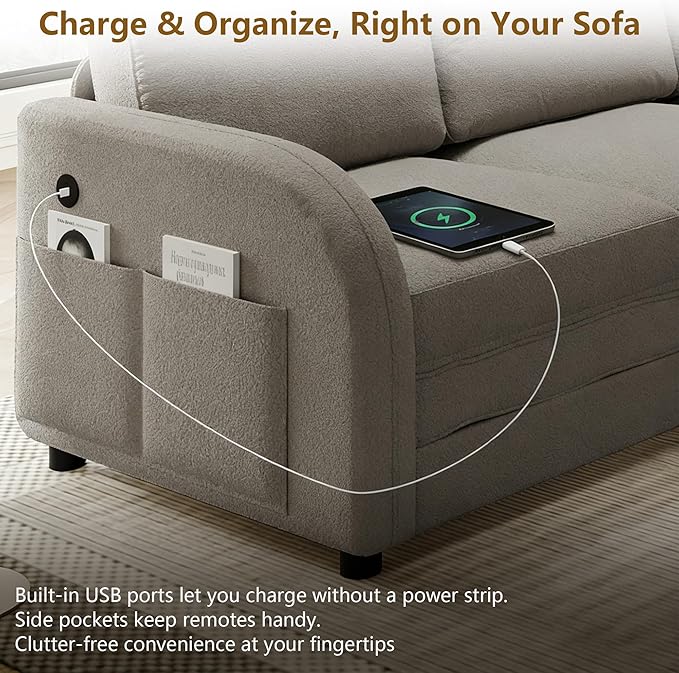 GNIXUU 115.2 L Shaped Couch with Pull Out Bed Convertible Sectional Sleeper Sofa with USB Port &amp Side Pockets 6 Seat Oversized Modular Teddy Cloud Couches for Living Room Apartment Light Gray