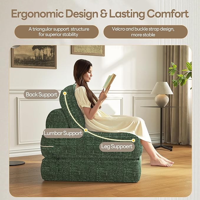Dowinx Folding Sofa Bed with Pillow Convertible Comfy Couch Bed for Adults Home Lounge and Gaming Modern Comfortable Design for Apartment Living Room Bedroom Single Smooth Velvet Cyprus Green