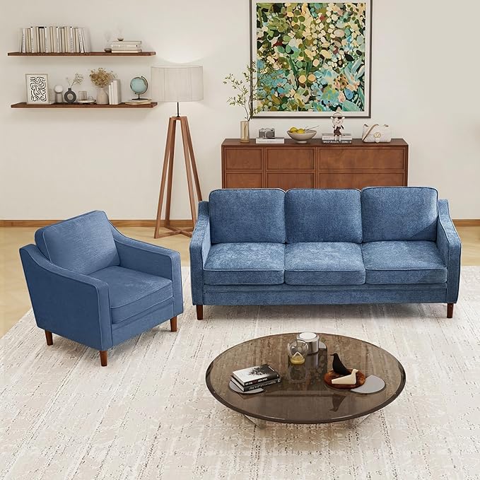 Kingfun Living Room Furniture Sets 3 Seater Couch and Armchair Mid Century Modern Sofa Set Chenille Couch with Solid Wood Frame for Living Room &amp Bedroom Light Blue