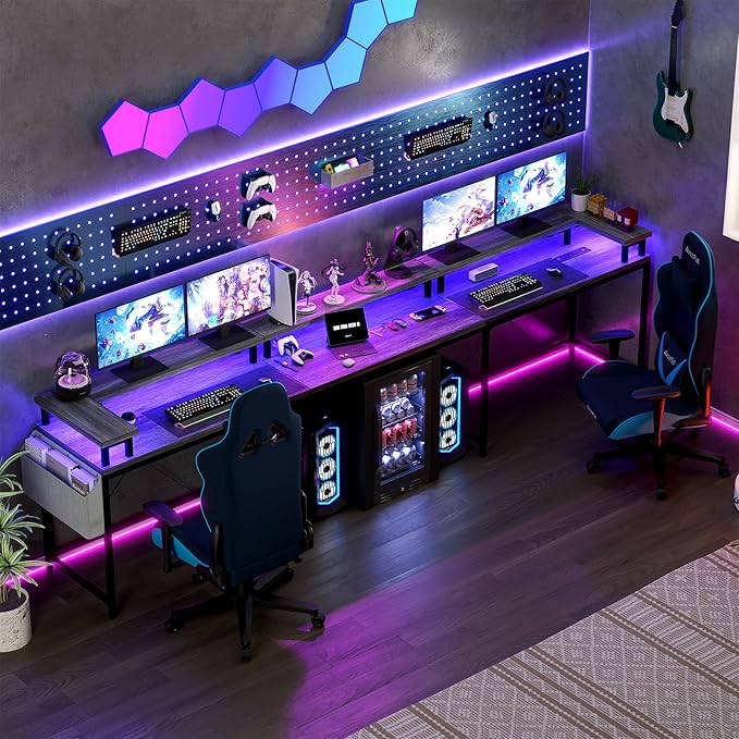 u Shaped Desk with Power Outlets &amp LED Lights 79 Extra Large Reversible Corner Office Desk Monitor Stand &amp Storage Shelves Corner Computer Table Office Table with Full Monitor Stand