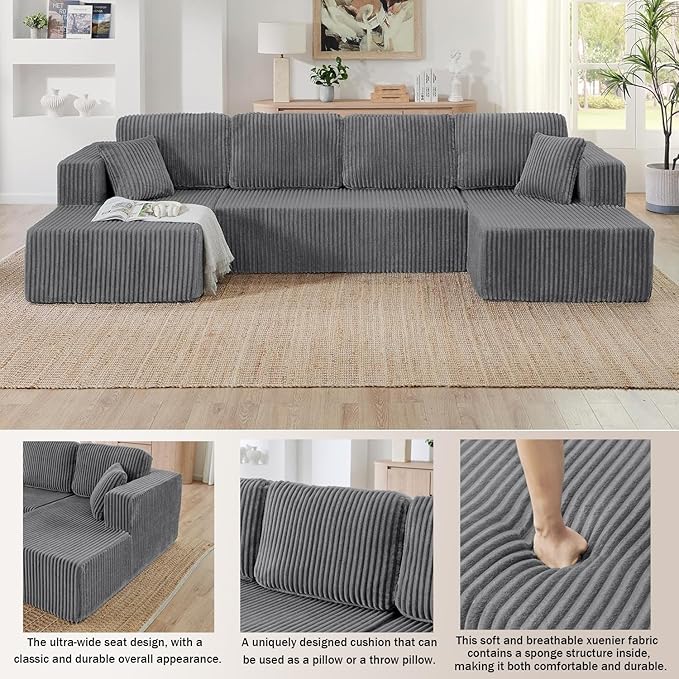 Comfortable Compression U-Shaped Modular Combination Sofa Compression Combination Modern Minimalist Corduroy Sofa Suitable for Living Room and Bedroom (Grey)