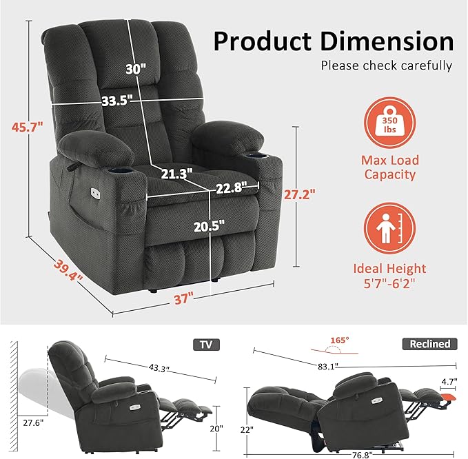 MCombo Large Triple Motor Power Lift Recliner Chair with Massage and Dual Heating Adjustable Headrest for Tall Elderly People Fabric 7634 (Grey Large)