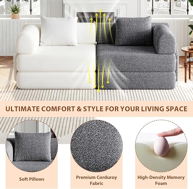 Convertible Sofa Bed 108+72.4+37 Sectional Couch 6-Seater with Storage Pockets Modular Sleeper Couch Chenille Folding Floor Boneless Lounge Sofa for Living Room Guest Room Grey