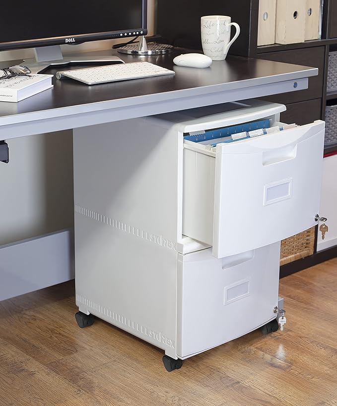 Storex Plastic Two-Drawer Mobile Pedestal File Cabinet – Locking Document Organizer with Casters for Home and Office White 1-Pack (61316A01C)