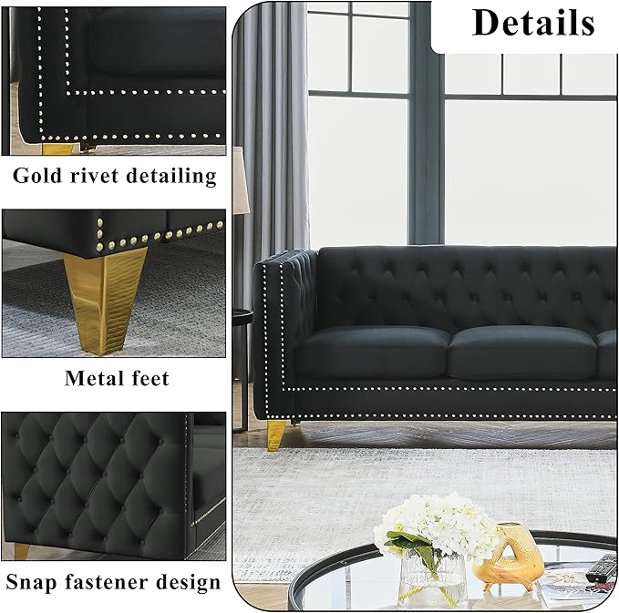 80.5 Chesterfield Velvet Sofa for Living Room3-Seater Sofa Loveseat Tufted Couch with Two PillowsRolled Arms and Nailhead for Living RoomBedroomOfficeBlack
