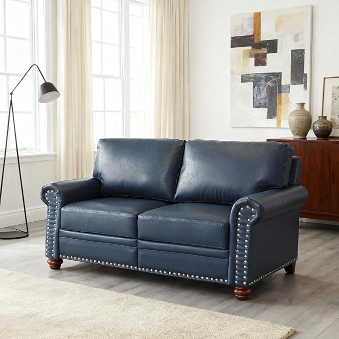 Loveseat Velvet Fabric Two- Seater Couch Buckle Design and Rivet Decoration Deep Seated Double Sofa Suitable for Living Room Bedroom Apartment Hotel etc (Blue)