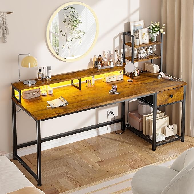 EnHomee 55 Inch Computer Desk with Hutch and DrawersReversible Home Office Desk with Monitor ShelfGaming Desks with USB Power OutletsWriting Gaming Table for Office with LED LightsRustic Brown