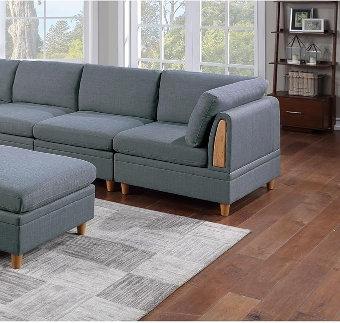 Living Room Seating Set: Contemporary Armless Chair in Steel Color Fabric - 1 Piece - Wooden Deco Base