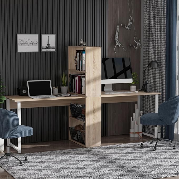88 Extra Long 2-Person Computer Desk with Storage Shelves: Double Workstation for Home Office Dorm or Study