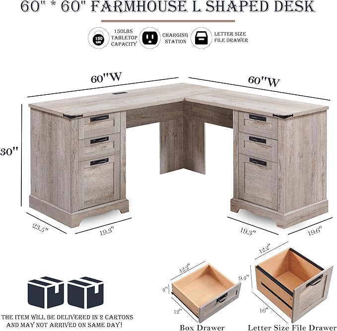 RedLemon 60 Farmhouse L Shaped Executive Desk with Drawers Wood Home Office Corner Desk with Charging Station File Drawer Storage Cabinet Rustic Computer Writing Desk (Light Rustic Oak)