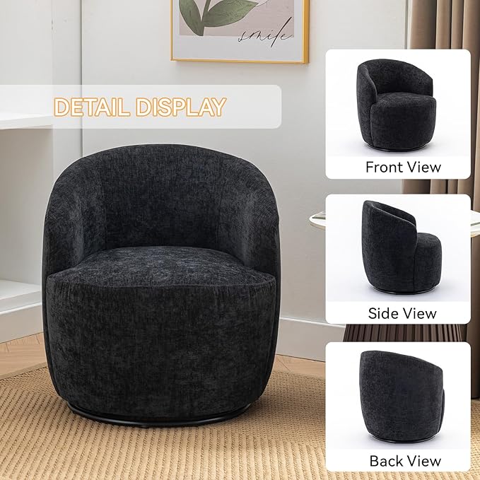 360 Degree Swivel Accent Chair Modern Barrel Vanity Chair with Back Comfy Single Circle Couch for Living Room Bedroom Reading Nook (Chenille Black)