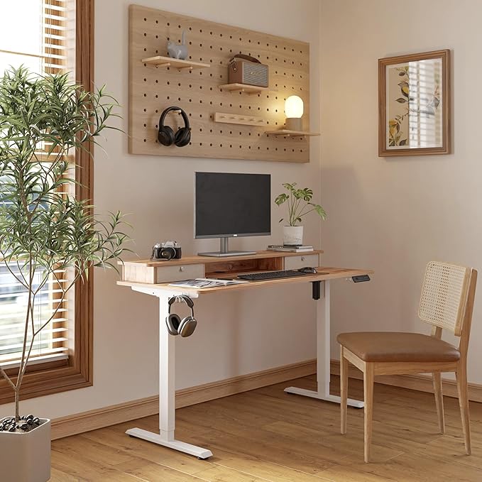 FEZIBO 48 x 24 Inch Whole-Piece Height Adjustable Standing Desk with Double Drawers Sit Stand Desk Stand Up Table (Send Two Packages) Light Rustic Top