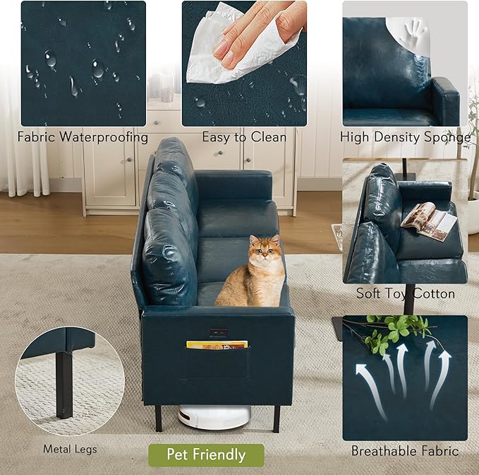 STHOUYN 73 W Faux Leather Couch w/ 2 USB Leather Sofa w/Side Pockets Wooden Frame 3 Seat Couch for Livingroom Office Apartment