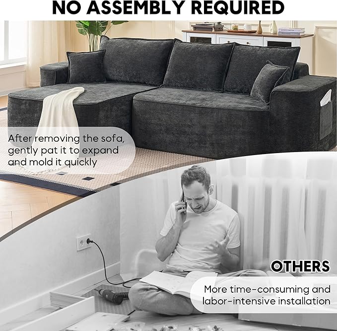 104 Cloud Sectional Couch Modern Modular L Shape Sectional Sofa with Deep Seat Chaise Comfy Chenille Boneless Couches for Living Room (Black Left Chaise)