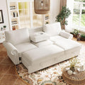 95 Convertible Sectional Sleeper Sofa with Storage Chaise Pull-Down Backrest with 2 Cup Holders Arc Armrests with Nailhead Trim Warp Knitting Polyester Fabric Acacia Wood Frame (Beige-09)