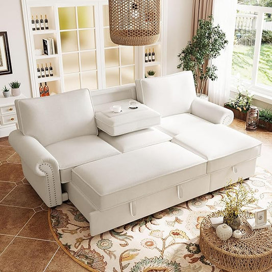 95 Convertible Sectional Sleeper Sofa with Storage Chaise Pull-Down Backrest with 2 Cup Holders Arc Armrests with Nailhead Trim Warp Knitting Polyester Fabric Acacia Wood Frame (Beige-09)