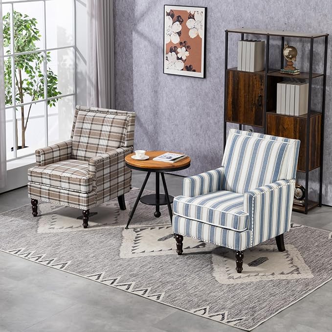 Coastal Style Stripe Accent Chair Mid-Century Upholstered Armchair Single Sofa with Nailhead Trim Wood Legs for Living Room Patio Blue Stripes.