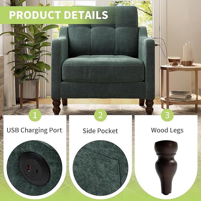 Accent Chair for Living Room Mid-Century Armchairs for Small Spaces Chenille Upholstered Comfy Reading Armchair with Studded for Bedroom (Dark Green-B)