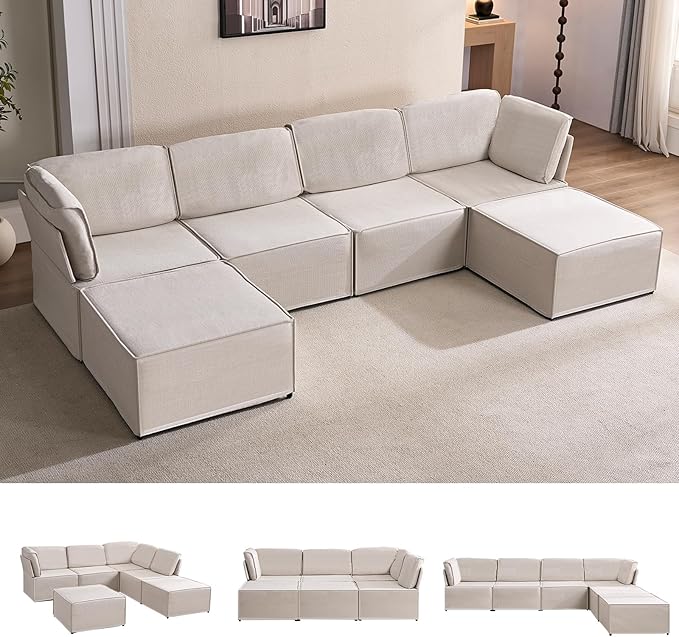 CECER Modular Sectional Sofa U Shaped Convertible Couch Sofa with Reversible Chaises Queen Sleeper Sofa Modular Oversized Sofa Couches for Living Room (Beige)