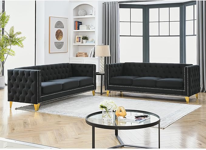 KEIKI Tufted Velvet 3+3 Seat Sofa Couch for Living Room Buttons Tufted Square Arm Couch for Home Apartment Black