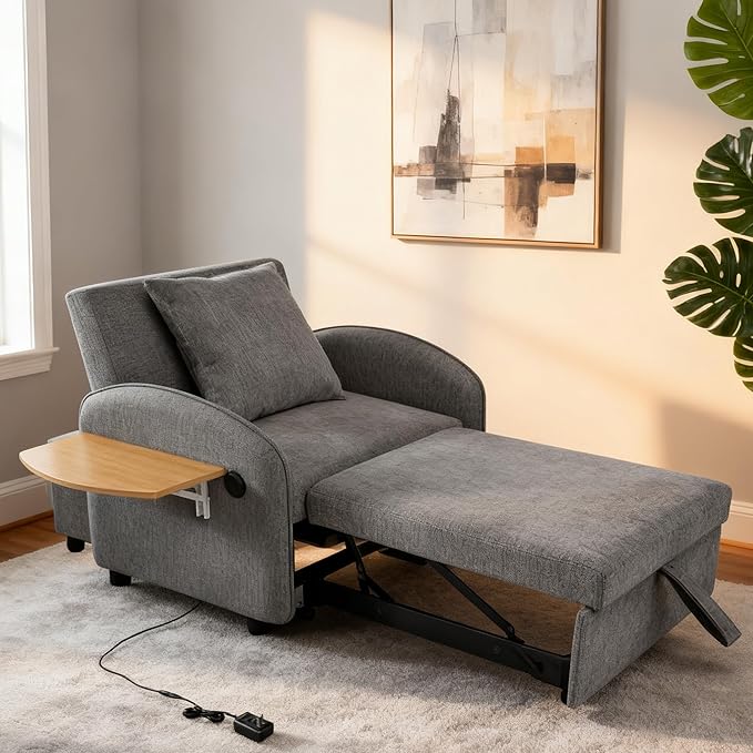 3-in-1 Convertible Sleeper Chair Pull Out Bed for Adults Fold Out Chair &amp Single Sofa Bed with USB Port &amp Foldable Table Pillow Adjustable Backrest for Dorm/Bedroom (Grey)