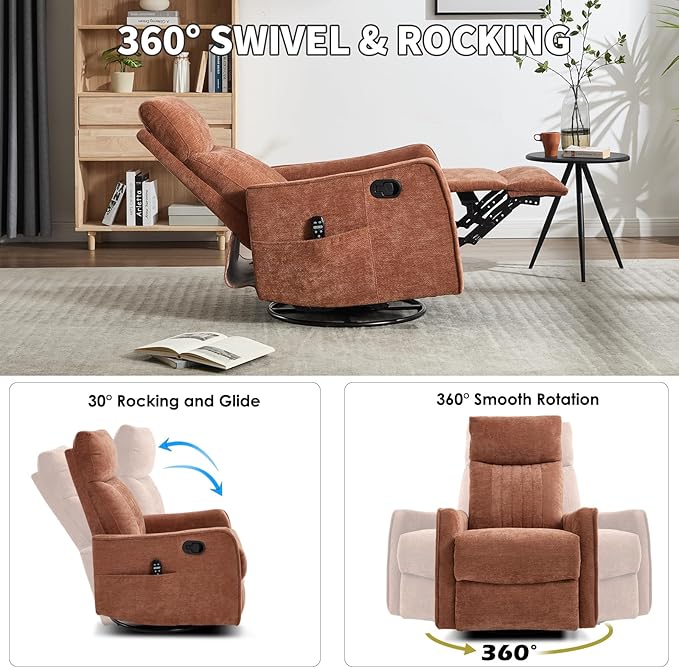 Swivel Rocker Recliner Chair 360° Swivel Recliner with Heat and Massage Rocker Recliner Nursery Glider Chair with Side Pockets for Living Room (Orange Fabric)
