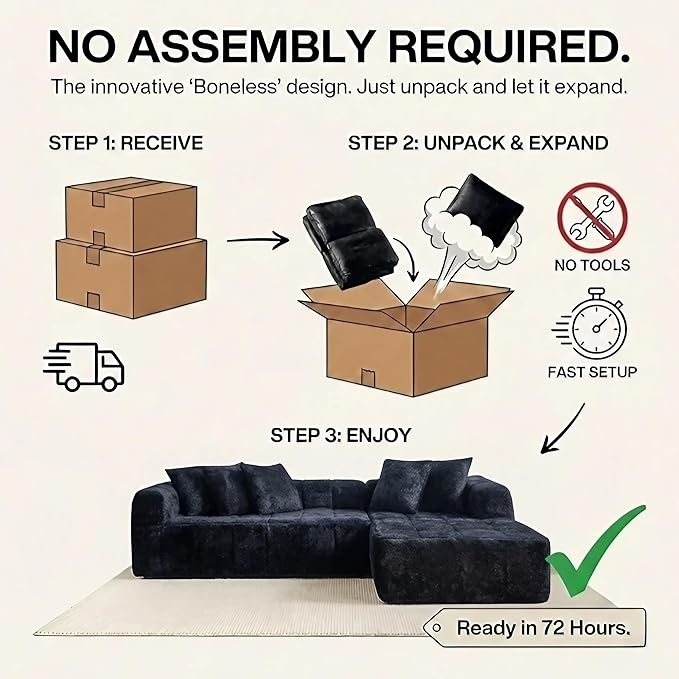 Boneless Sectional Couch L Shaped-108 Inch Black Sherpa Cloud Sectional Sofa for Living Room Modern Couch with Chaise-Deep Seat Floor Couch in a Box-No Assembly | No Assembly Needed 28.7 Deep Seat