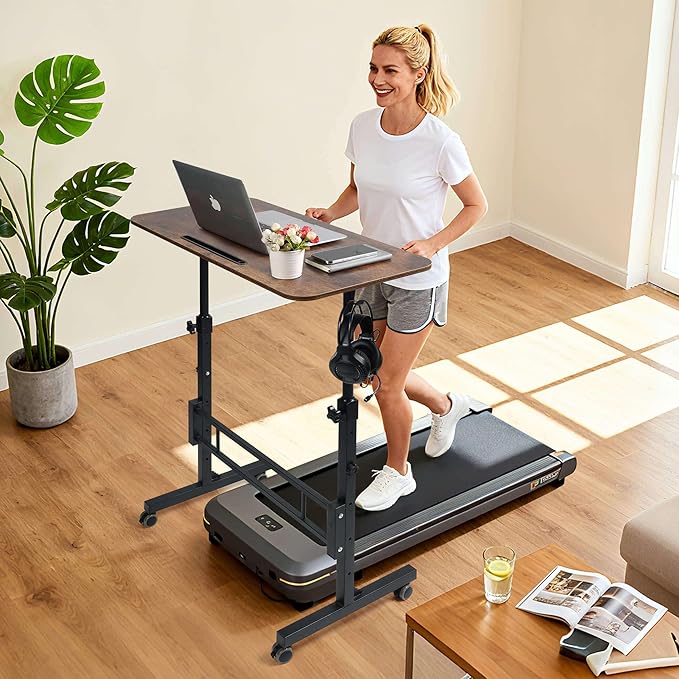 Adjustable Standing Desk with Wheels Portable Rolling Walking Pad Desk Small Laptop Table for Home Office Sit Stand Up Workstation Size 15.7x31.5 Rustic Desk