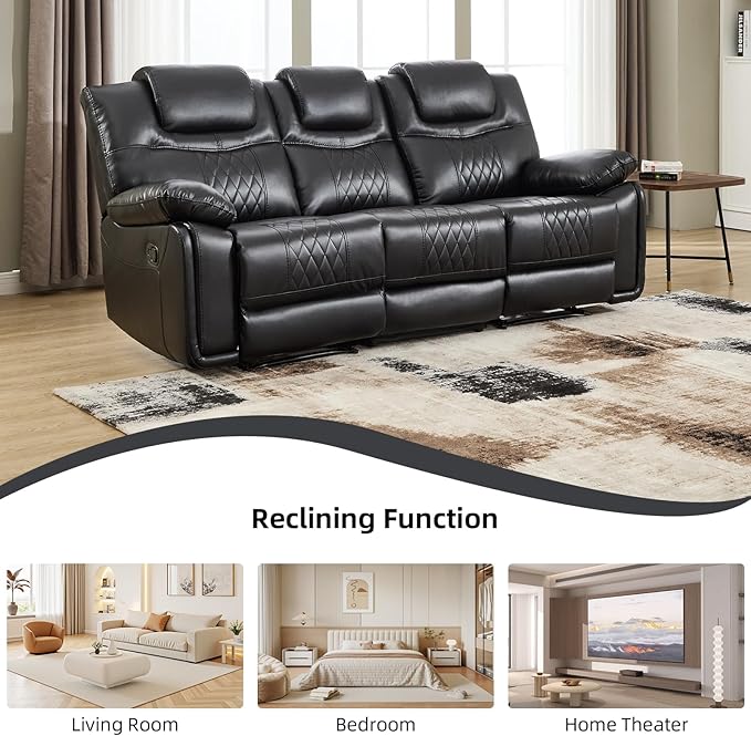 EBELLO Faux Leather Manual Reclining Sofa Overstuffed Armrest 3 Seat Recliner Sofa Reclining Couch for Living Room Meeting Room Bedroom Black