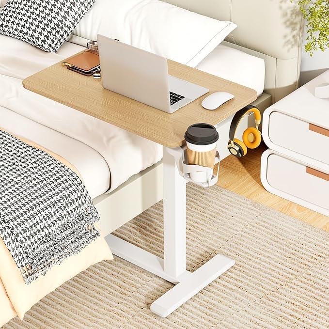 Tangkula Mobile Standing Desk Pneumatic Height Adjustable Rolling Desk with Cup Holder &amp Headphone Hook Overbed Table with Hidden Wheels Laptop Computer Cart for Couch Home Office (Natural)