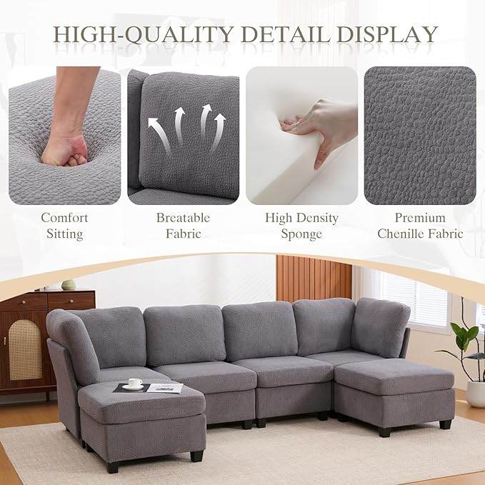 113.39 Modular Sectional Sofa 6 Seaters Sectional Sleeper Sofa U Shaped Couch Comfy Convertible Couches with Ottomans Oversized Modular Sofa with Large Storage for Living Room (Grey)