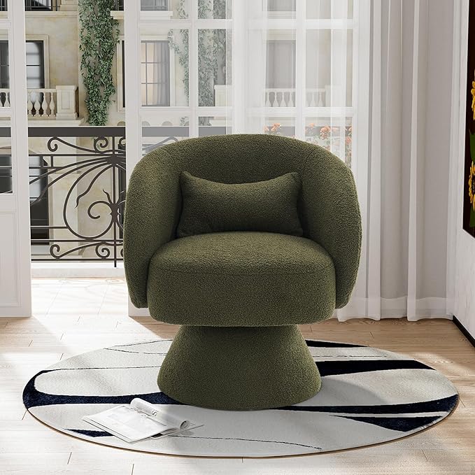 Swivel Barrel Chair Set of 2 Upholstered Swivel Cuddle Accent Chairs for Living Room Comfy 360°Small Boucle Sherpa Barrel Armchair for Bedroom Nursery (Emerald GreenTeddy)