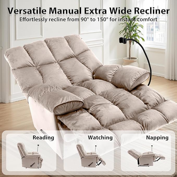 Oversized Recliner Chair with Phone Holder Manual Velvet Big Man Recliners Supports Up to 400 LBS Extra Wide Recliner Chairs for Bedroom Living Room and Home Theater Beige
