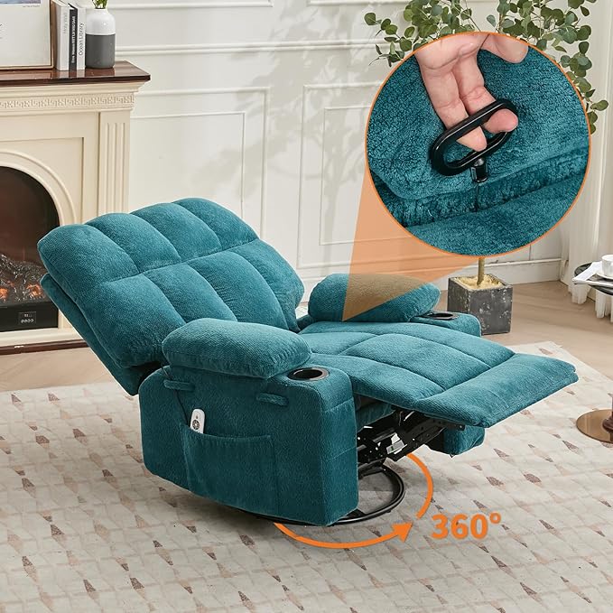 IDEALHOUSE Rocking Recliner Chair with Heat 38.5 Oversized Swivel Rocker Recliner with Massage Side Pockets &amp Cup Holders Reclining Sofa for Living Room Bedroom (Blue Terry Cloth)