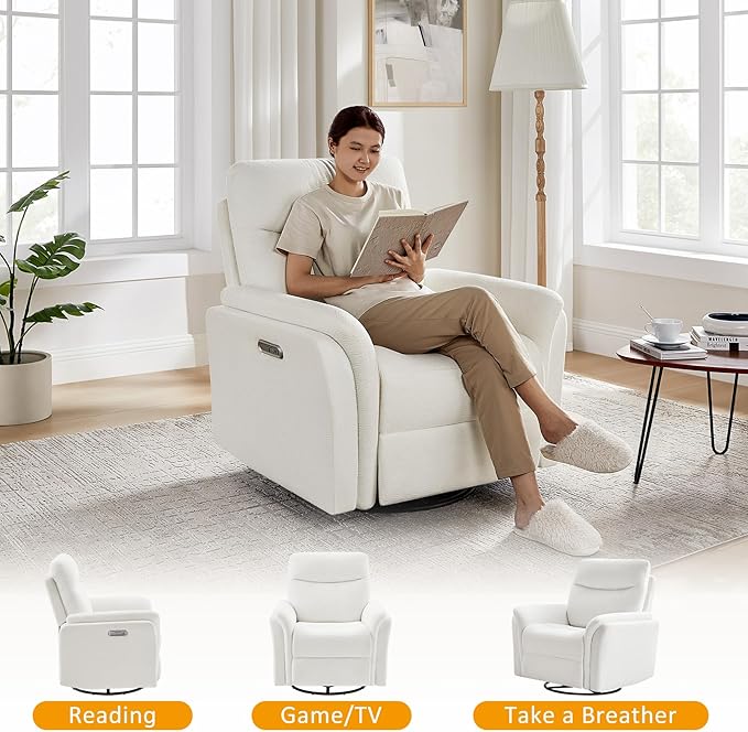 VANOMi Power Recliner Chair Swivel Glider Electric Rocking Recliner Chairs with USB and Type-C Ports Nursery Chair Recliner for Living Room Bedroom Apartment（White）