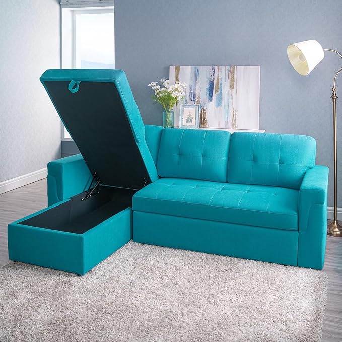 Naomi Home Teal Velvet Sectional Sleeper Sofa with Storage Reversible L-Shaped Pull-Out Couch 72x32x32 inches Jenny