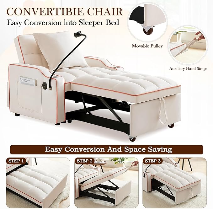 SLEERWAY 3-in-1 Convertible Futon Sofa Bed Chair Multi-Functional Sleeper Chair Bed with Pull Out Couch and Adjustable Backrest Modern Velvet Chaise Lounge Armchair for Living Room Bedroom Beige